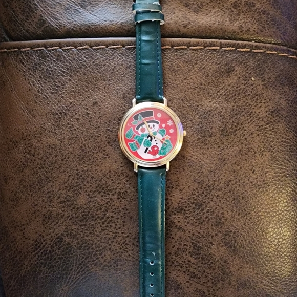 Christmas Themed Watch with Green Faux Leather Strap - Picture 2 of 3